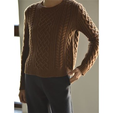 APCSHOP 2024秋冬修身女士圓領重磅針織復古文藝裝飾絞花套頭毛衣