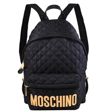MOSCHINO 亮金LOGO菱格尼龍雙拉鍊大後背包.黑