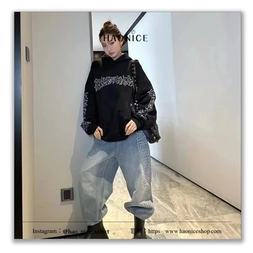 【HAO NICE】輕奢時尚上海經銷商 Balenciaga巴黎世家 立體浮雕字母logo寬鬆直筒 牛仔褲 休閒褲