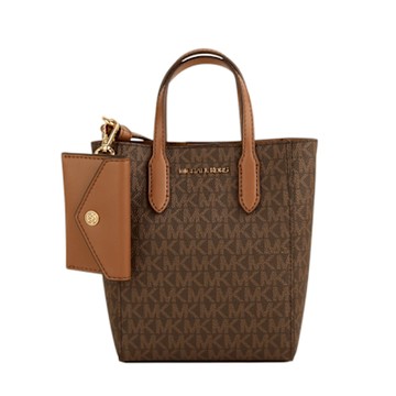 MICHAEL KORS MK金字滿版PVC皮革附卡夾包斜背包(深咖)小款