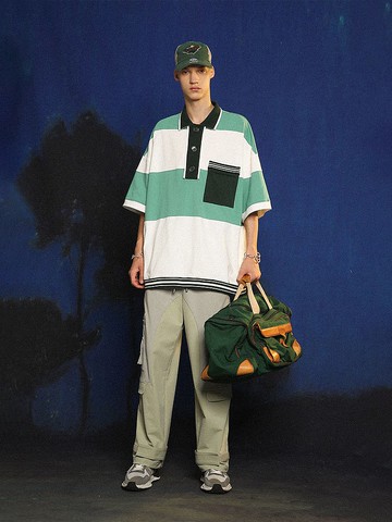 UNVESNO 漸變樂譜色塊撞擊復古夏季polo衫條紋短袖T恤 SWS-1388