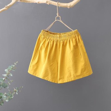 2025夏裝新款文藝范棉麻休閑短褲女純色寬松松緊腰亞麻闊腿褲女褲