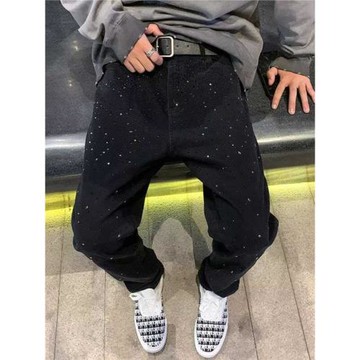 燙鉆滿天星牛仔褲男春秋新款痞帥ins彈力黑色直筒褲修身休閑長褲