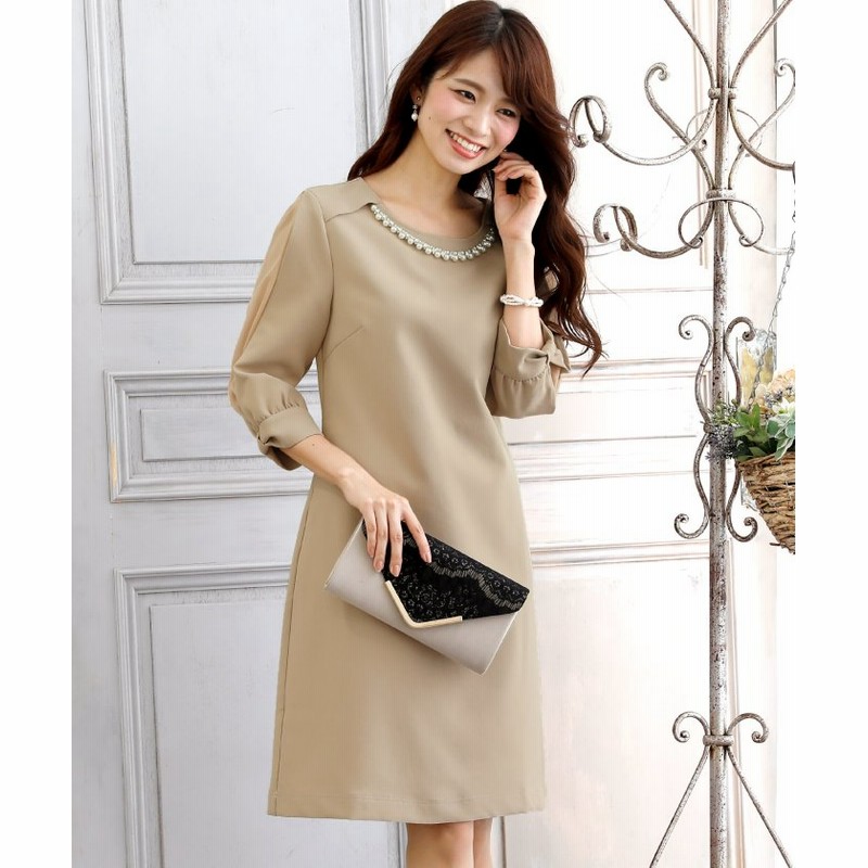 プールヴー リボンスリーブビジューワンピース パーティードレス レディース ベージュ 4l Pourvous 通販 Lineポイント最大1 0 Get Lineショッピング