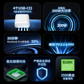 Belkin貝爾金200W氮化鎵USB-C四口大功率充電器適用iPhone16蘋果Mac筆記本華為電腦手機平板快充電源適