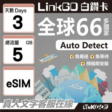 LINKGO白鑽卡 全球66國 eSIM卡 3天上網卡 總流量5GB(全球網卡 亞洲 歐洲 美洲 大洋洲 非洲)