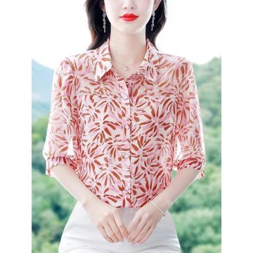 雪紡襯衫女夏季2025新款襯衣媽媽氣質小衫春秋顯瘦遮肚子中袖上衣