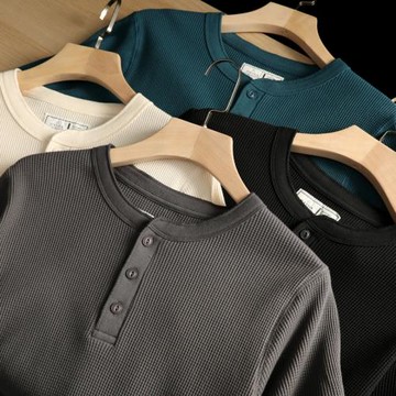 日式亨利領 高克重純棉華夫格春夏男士時尚休閑百搭針織短袖T恤潮