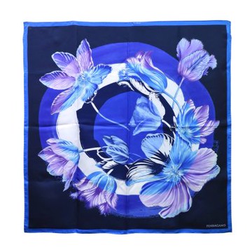 Salvatore Ferragamo 經典手工捲邊花卉圖騰真絲方巾/領巾(藍色)