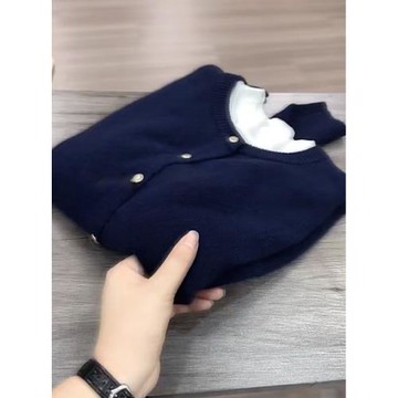 歐貨高級感超好看藏青色針織開衫上衣女秋冬大碼軟糯圓領毛衣外套