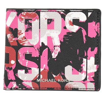 MICHAEL KORS COOPER 美式洗舊字樣八卡對開短夾.黑/桃