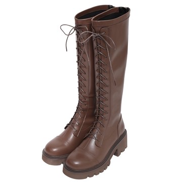 ANNSTAR 丹妮婊姐聯名-塑身衣效果彈力皮革綁帶造型及膝長靴5.5cm-咖啡