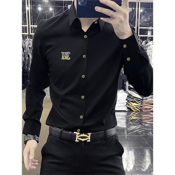 2025高端免燙襯衫男長袖秋季新款歐洲站修身商務休閑燙鉆襯衣男裝