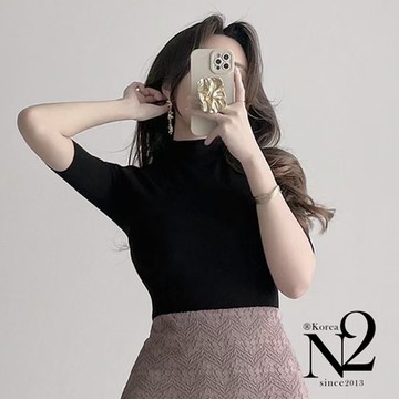 上衣 正韓素色經典高領彈性內搭短袖上衣（黑）N2