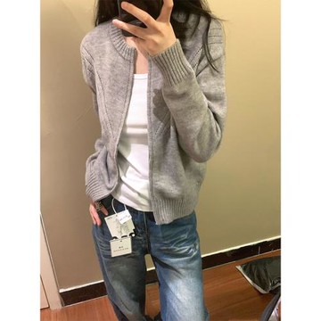 27 ONLINESTORE灰色休閑針織開衫上衣2025年春季新款短款毛衣外套