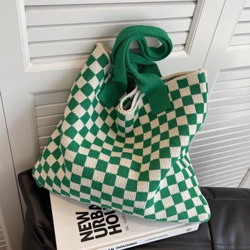 大容量包包女包針織購物袋休閑手提單肩包毛線編織格子百搭托特包