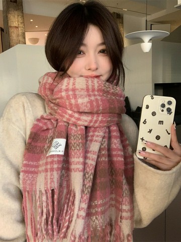 干枯玫瑰粉格子圍巾女秋冬季高級感新款韓版百搭保暖披肩圍脖
