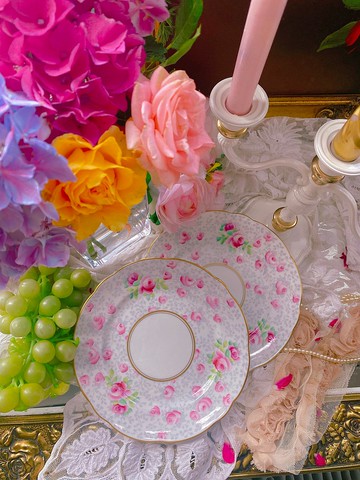 1936年英國製手繪玫瑰古董骨瓷點心盤兩件組庫存品完整