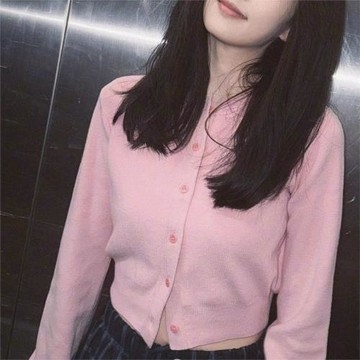 白鹿同款粉色圓領針織開衫女春秋新款修身顯瘦短款毛衣外套上衣潮