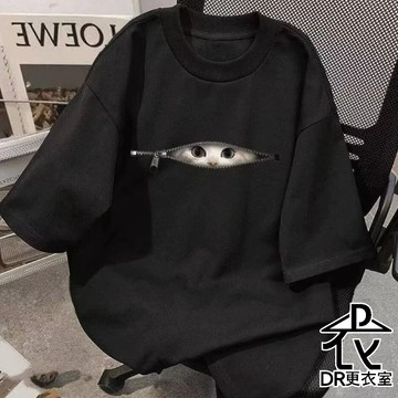 DR更衣室-隔日到貨 短袖t恤 韓版白色拉鍊貓咪別緻印花短袖T恤 寬鬆 五分袖 大尺碼8XL【NL625292】