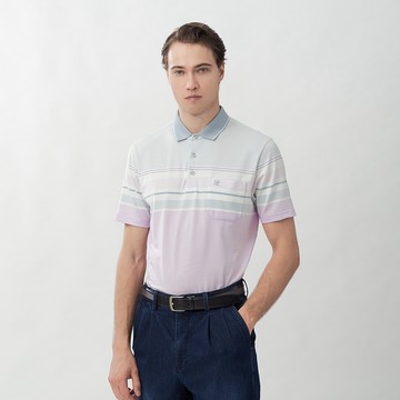 Pierre Cardin 男款 吸濕排汗條紋短袖POLO衫-淺紫色 (5267297-22)