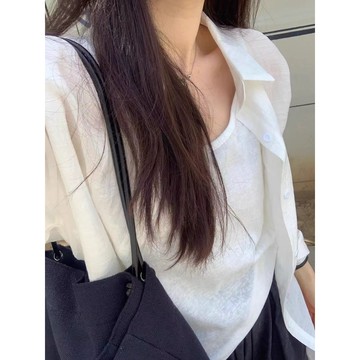 韓係白色薄款  防曬長袖襯衫女  夏裝新款寬鬆  慵懶風襯衣休閒外套上衣女 WH