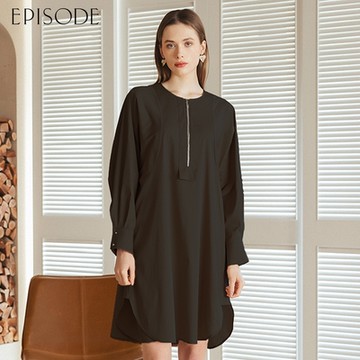 EPISODE - 休閒寬鬆拉鏈圓領棉質長袖洋裝E35705黑（偏寬鬆）