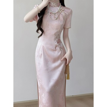 【桃喜Rich女裝】粉色旗袍 登記領證禮服 訂婚旗袍 繡花新中式改良旗袍 國風連身裙 復古洋裝 短袖旗袍