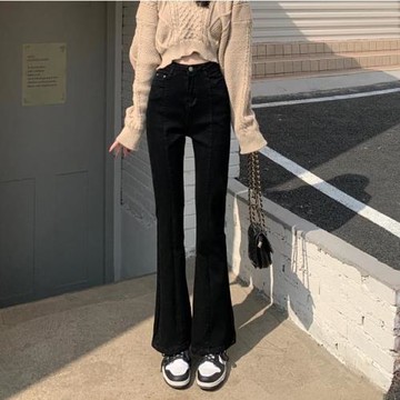 黑色微喇叭牛仔褲女裝2025年新款大碼高腰彈力小個子修身喇叭褲子