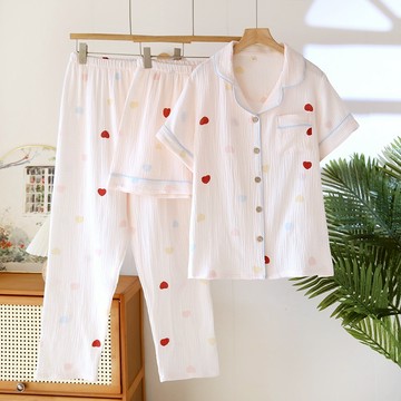 100%純棉女生短袖睡衣套裝 春夏薄睡衣居家服雙層紗布縐布 夏季短袖短褲長褲家居服