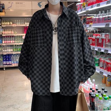 棋盤格子襯衫男女長袖ins潮流情侶小眾翻領襯衣寬松日系休閑外套