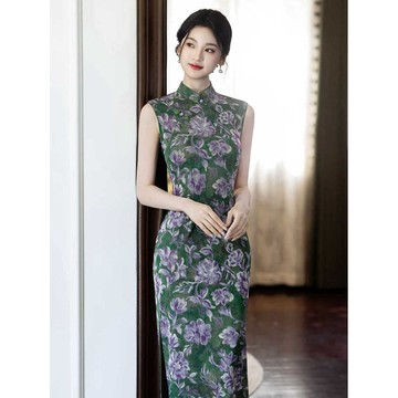 【桃喜Rich女裝】絕美綠色旗袍 新中式洋裝 上海旗袍 無袖旗袍 復古長裙 掐腰顯瘦年輕款送考一路綠燈日常可穿旗袍連身裙