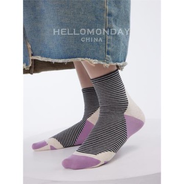 素人工作室紫色襪子女款春秋中筒潮網紅外穿韓國條紋無骨棉襪夏季