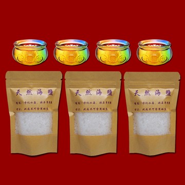 【吉祥開運坊】天然粗鹽【除晦消磁 有4個小小聚寶盆+3包海鹽 消磁碗+海鹽】淨化陽宅
