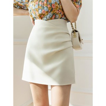 白色西裝短裙女夏季高腰顯瘦a字包臀裙防走光不規則褶皺半身裙子