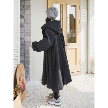 小眾連帽毛呢外套女中長款2025冬季新款韓系寬松大碼赫本風呢大衣