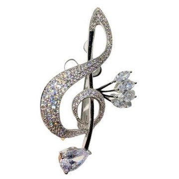 RJ New York 時尚精緻音符閃耀鋯石胸針別針2用(白金色)