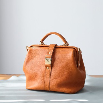 【切線派】大号软皮 医生包纯手工复古手提口金包真皮斜挎包 橘色