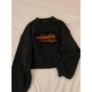 美式復古慵懶風黑色字母浣熊絨毛衣女秋冬軟糯設計感套頭針織上衣