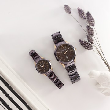 羅梵迪諾 Roven Dino/RD794BR.RD795BR/羅馬刻 藍寶石玻璃 不鏽鋼對錶 咖啡x玫金框x紫 40+28mm