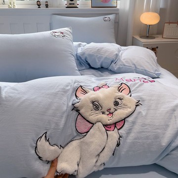 ins可愛瑪麗貓刺繡水洗棉四件套少女粉被套公主風宿舍床單三件套