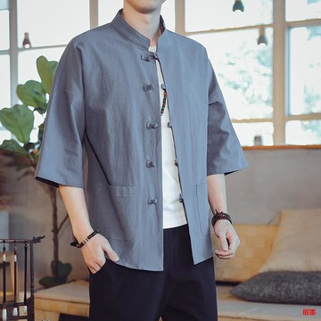 【夏季】100公斤大碼 短袖襯衫男 七分袖襯衫男 棉麻襯衫中國風盤扣立領襯衣夏季薄款寬鬆立領唐裝上衣服