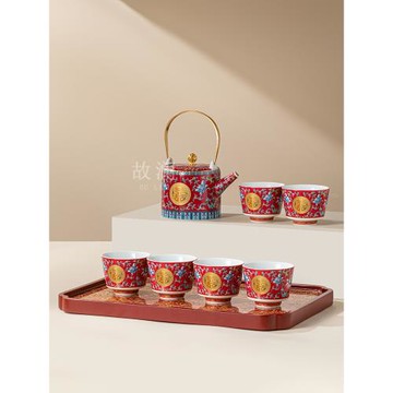 故瀾高檔結婚茶具套裝婚禮敬酒茶杯琺瑯彩婚慶敬茶壺陶瓷改口喜杯