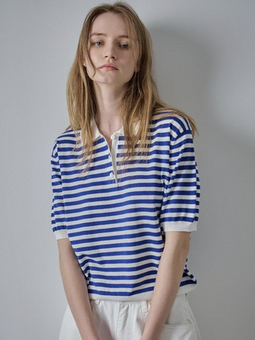Striped Polo Knit Sweater [Blue]