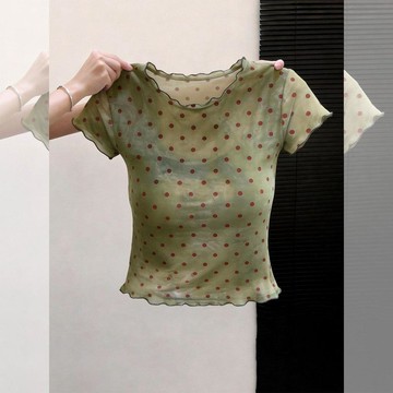 【獨特漂亮波點】Glove 波點綠色網紗短袖T恤女 2026新款 夏季 洋氣 短款上衣 短袖上衣 上衣短袖 網紗上衣 波