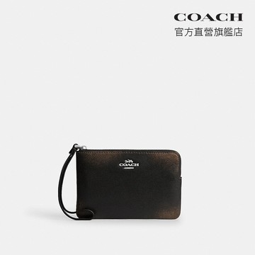 【COACH】 復古摯愛皮革角拉鍊手手腕包-SV/黑色 棕色(CFW89)｜官方直營