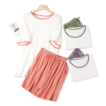 時尚睡衣女夏季彈性莫代爾拼色短袖短褲圓領套頭薄款家居服兩件套