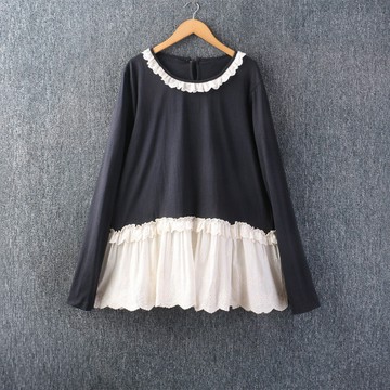 圓領荷葉邊蕾絲拼接上衣024322