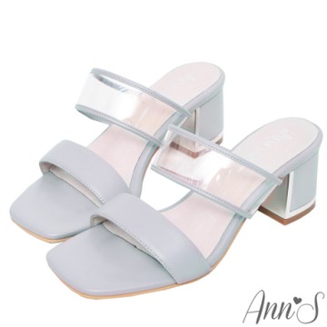 Ann’S青春保鮮日-低調電鍍包邊雙帶透明方頭粗跟涼拖鞋-灰藍(版型偏小)