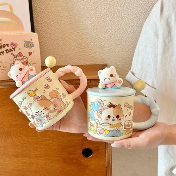 【臺灣-出貨】情侶女生兒童可愛陶瓷馬克杯高顏值帶蓋水杯家用卡通杯子生日禮物LPO2